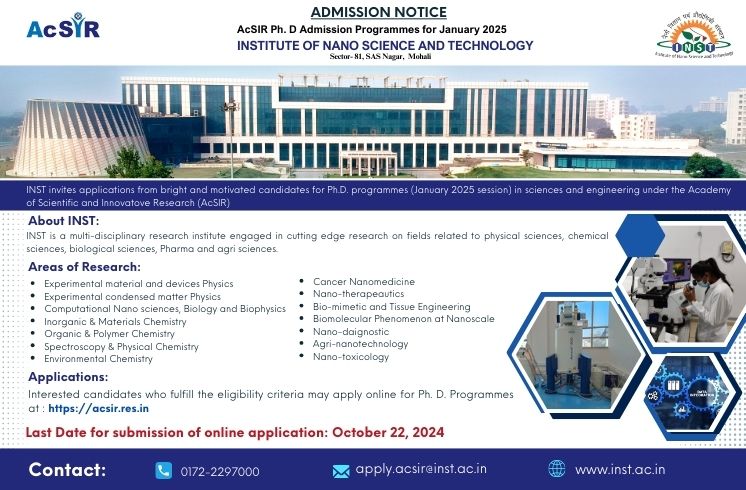 Latest update: INST-AcSIR Ph. D.  Advertisement for January 2025 session