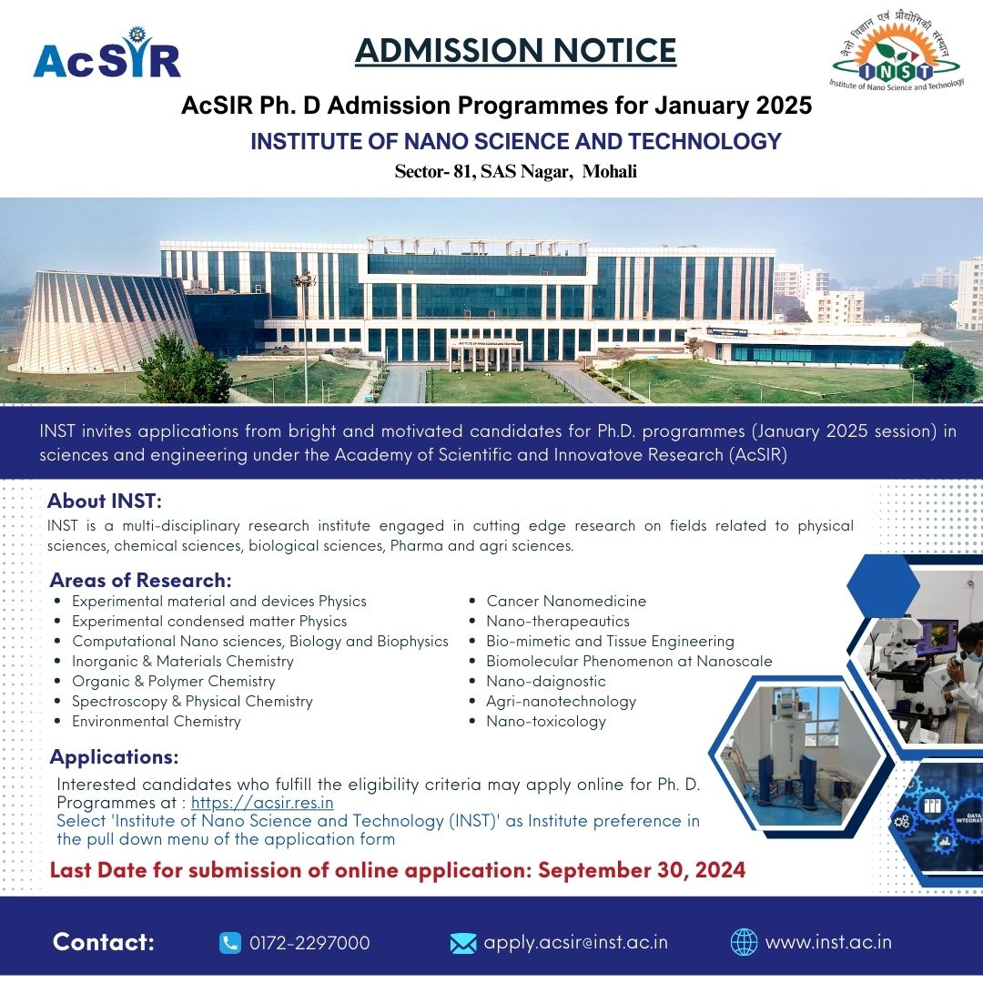 Latest update: INST-AcSIR Ph. D.  Advertisement for the January 2025 session